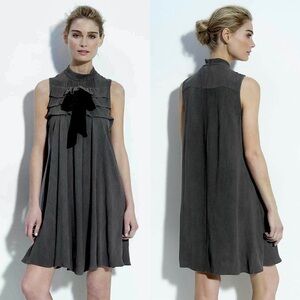 THEORY‎ 70s Satin Ruffle Front Velvet Bow Sleeveless High Neck Babydoll Dress 6